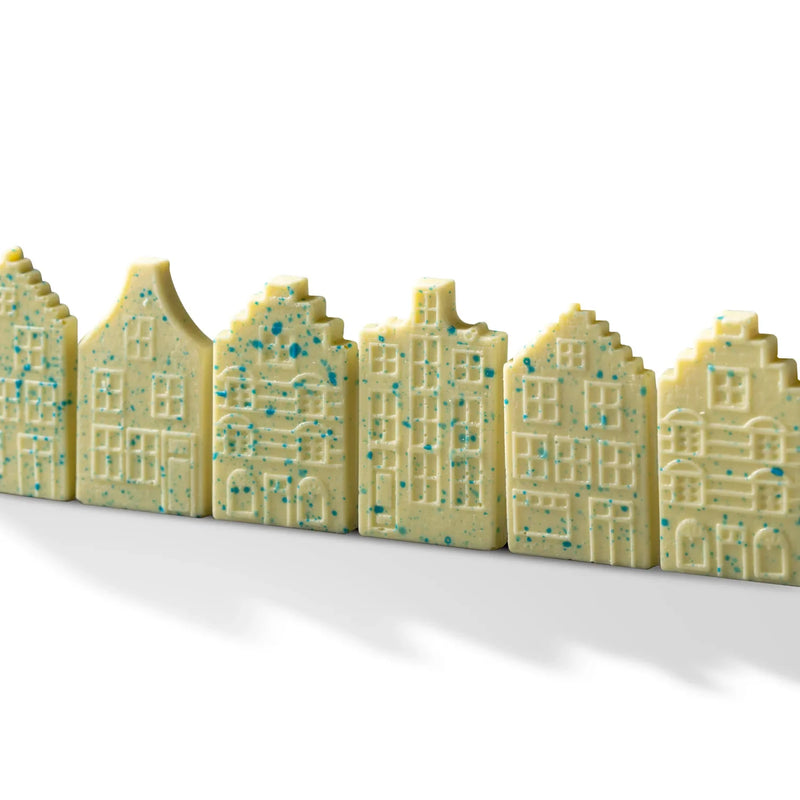 Miniature houses Delfts Blauw - witte chocolade grachtenpandjes Coco & Sebas chocolade cadeau