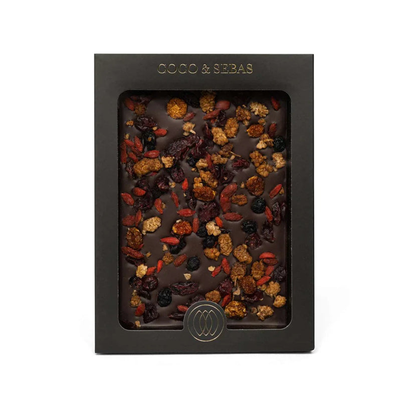 Chocolate tablet - plak pure chocolade met bessenmix Coco & Sebas chocolade cadeau