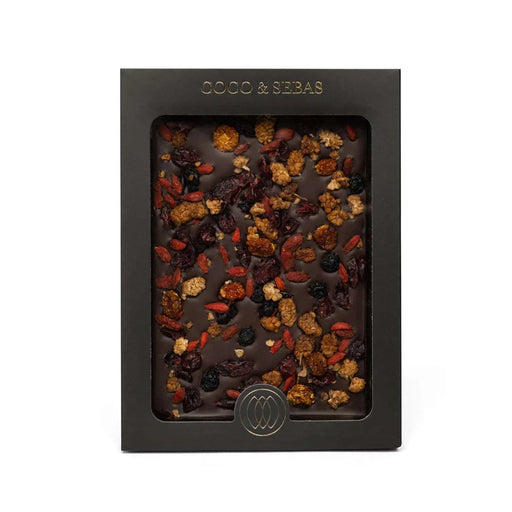 Chocolate tablet - plak pure chocolade met bessenmix Coco & Sebas chocolade cadeau